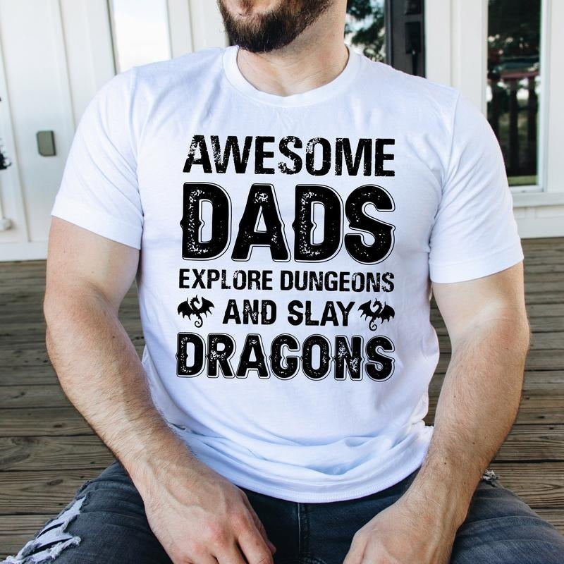 Awesome Dads Explore Dungeons And Slay Dragons Unisex Tee, Cool Nerd Geek Dad Father Dungeon Master Graphic Tee Shirt...