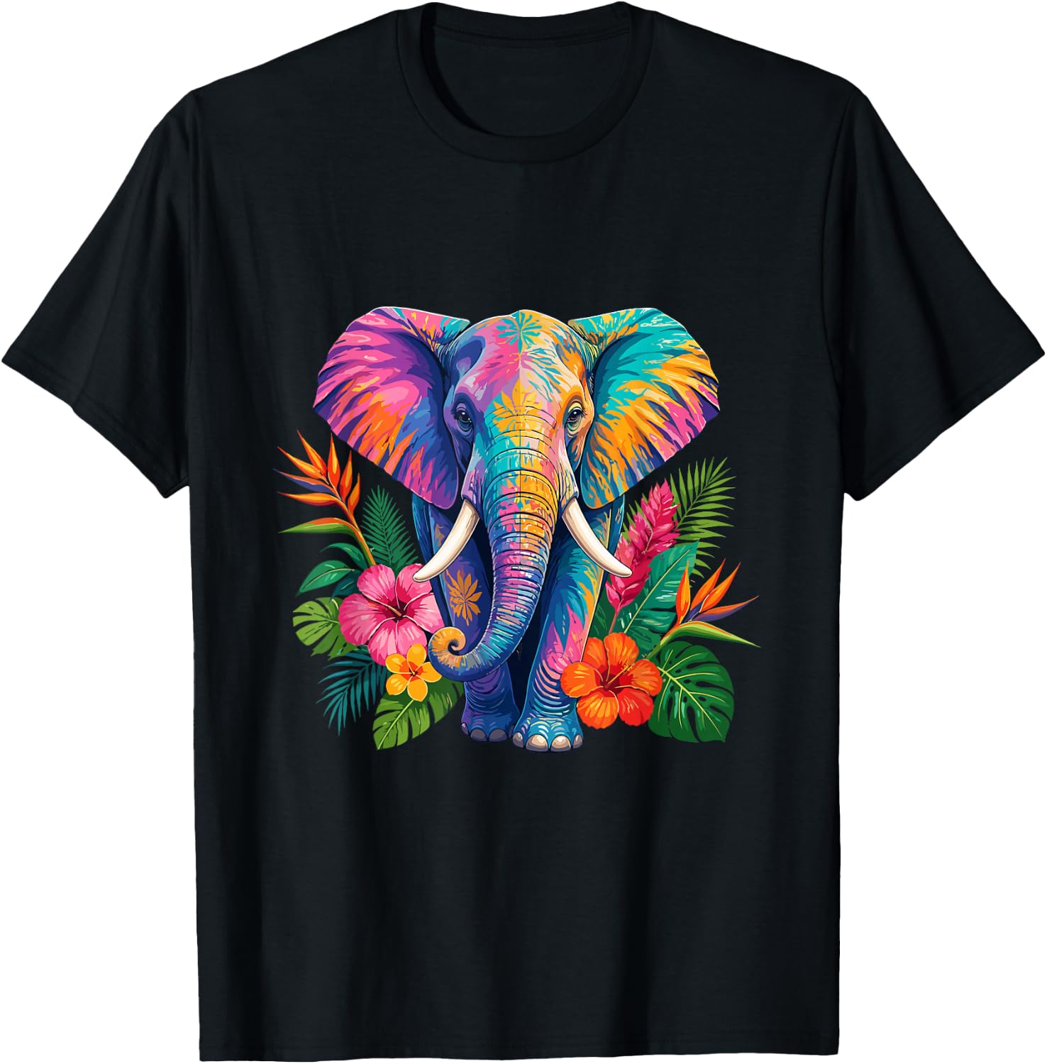 Rainbow Elephant with Tropical Flowers T-Shirt