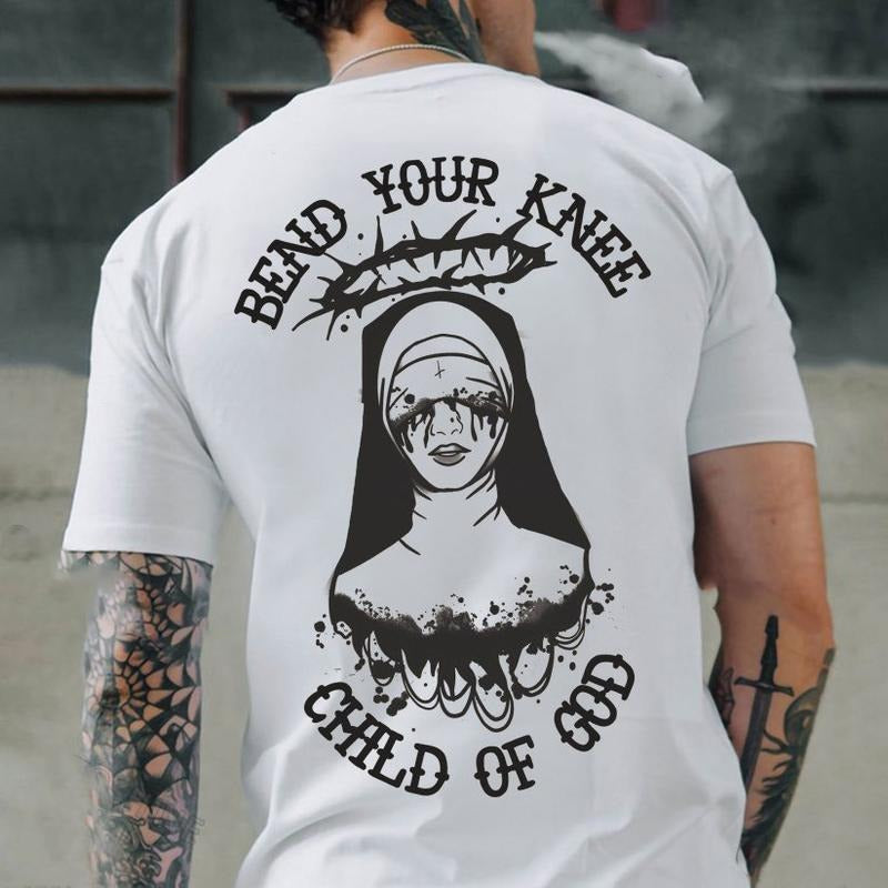BEND YOUR KNEE CHILD OF GAD Blindfolded Nun Print Men's T-Shirt, Top Menswear, Cotton Tee Shirt Casual Streetwear,...