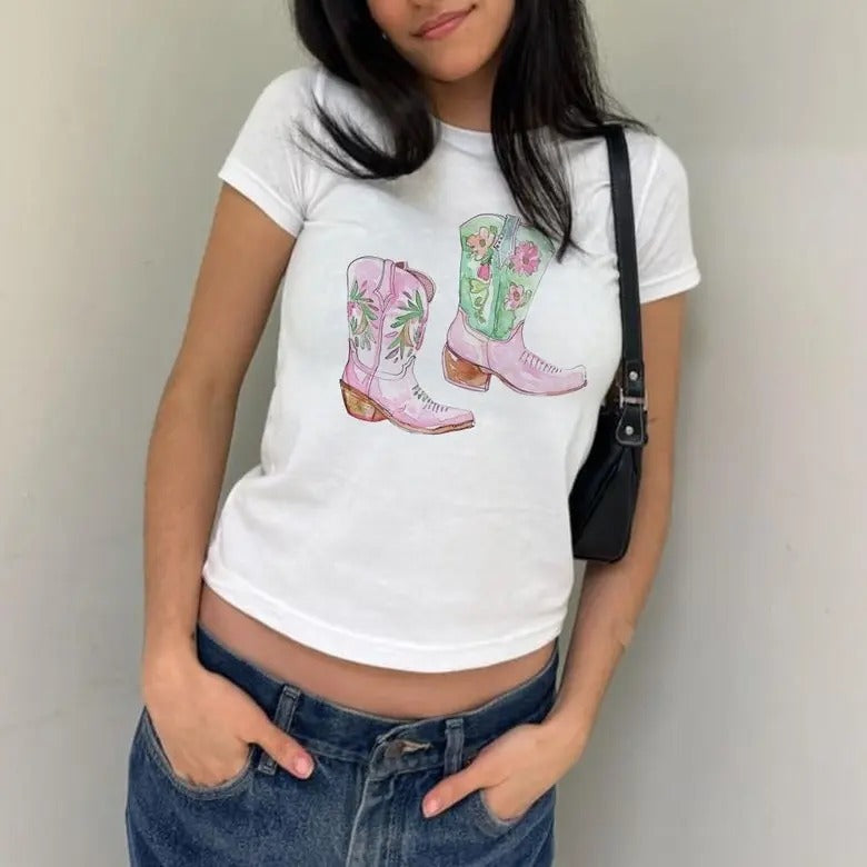 Baby Tee Cowboy Western Cowgirl Boots Baby Tee Yee Haw T-Shirt Y2k Aesthetic Baby Tee Vintage Graphic Baby Tee Trendy...