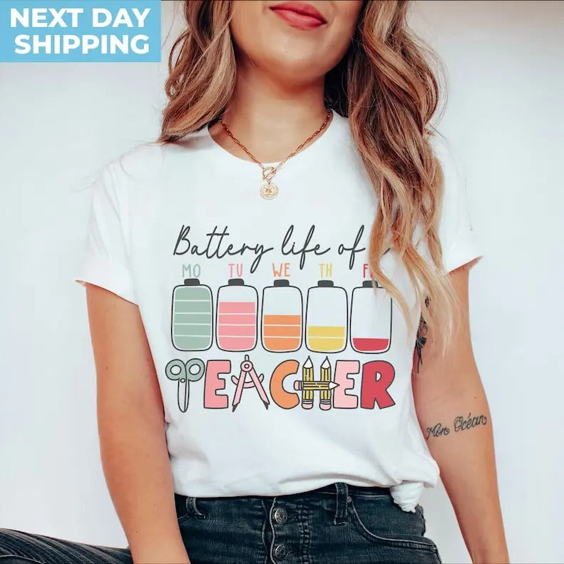 Back To School Battery Life of a Teacher Shirt, Funny Teacher Shirt, Retro Teacher Tee, Back To School Shirt, Teacher...