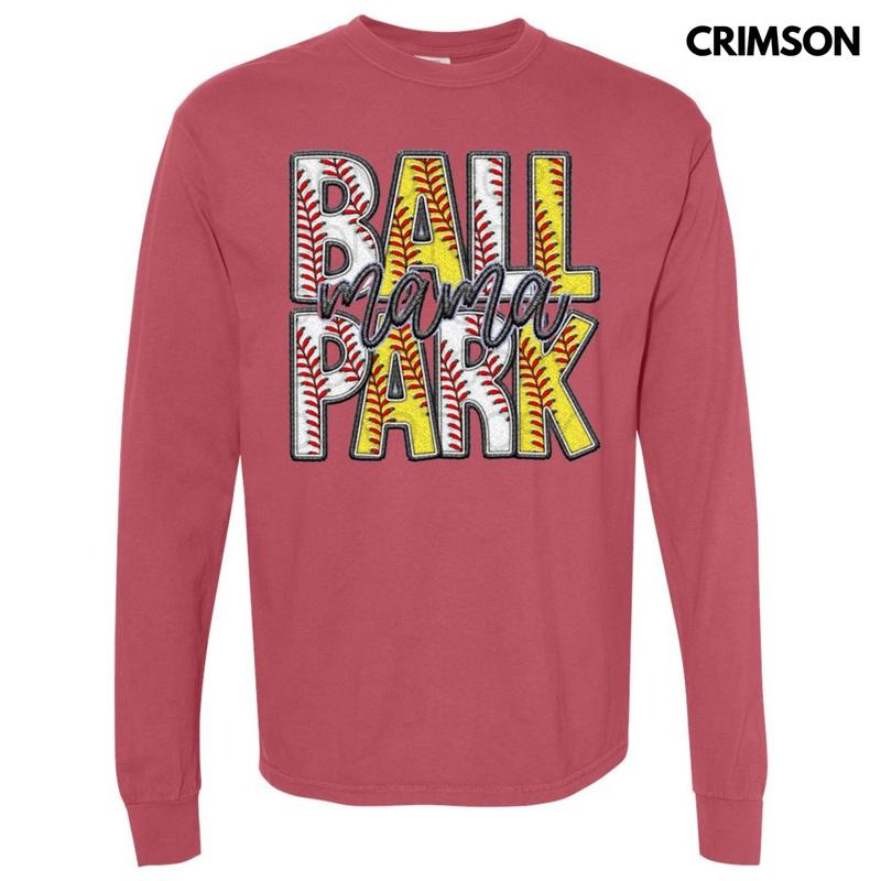 Ball Park Mama Faux Embroidery Long Sleeve Comfort Colors T-Shirt Hoodie, Sweatshirt | HypeDripTees.com