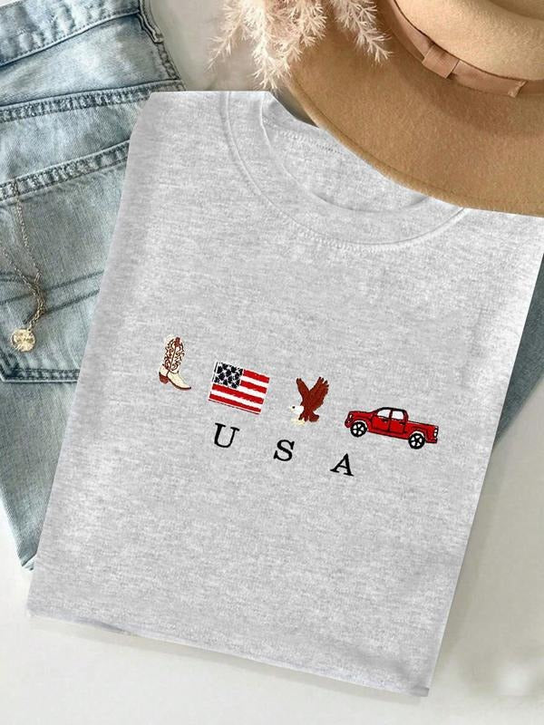 Bandit Top American Classic Print Round Neck T-Shirt, Floral Graphic Light Short Sleeve, July 4th Theme, Casual Western...