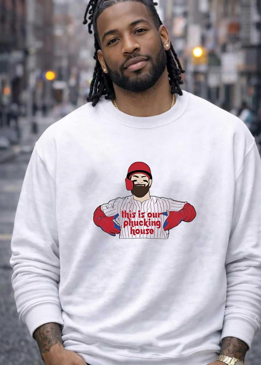 Baseball Fan Apparel Player Gesturing to Chest This Is Our Phucking House Phillies Shirt