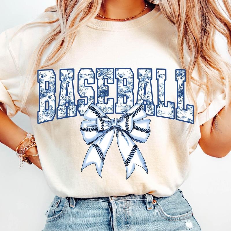 Baseball Floral Toile Blue Water Color T-Shirt, baseball Coquette Bow T-Shirt, Vintage Baseball Bow T-Shirt, Coquette...