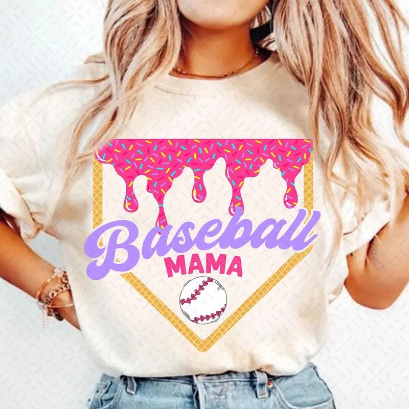 Baseball Mama Drip T-Shirt, Baseball Ice Cream Drip T-Shirt, Retro Baseball Mama T-Shirt, Mother's Day Gift Hoodie,...