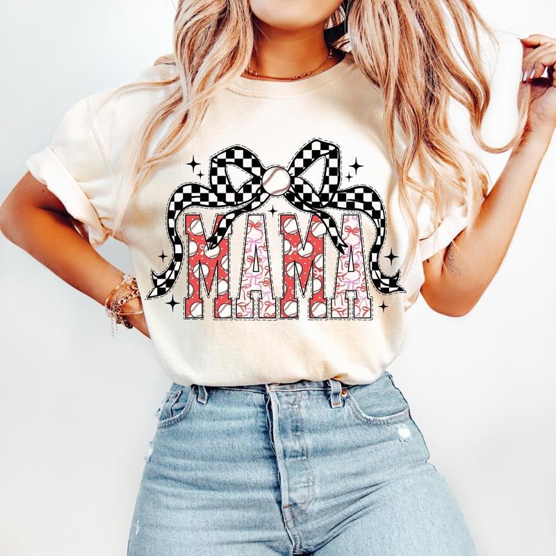 Baseball Mama T-Shirt, Baseball Coquette T-Shirt, Game Day T-Shirt, Baseball Bow T-Shirt, Checkered Baseball Mom T-Shirt,...
