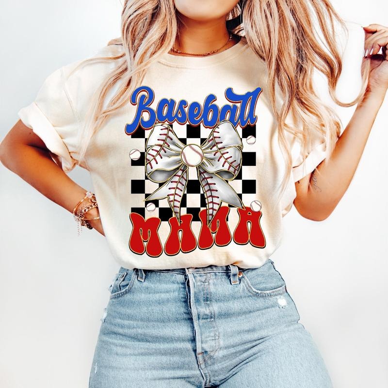 Baseball Mama T-Shirt, Game Day Baseball Coquette T-Shirt, Baseball Bow T-Shirt, Retro Baseball T-Shirt, Checker Baseball...