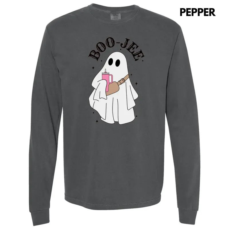 Basic BOO-JEE Ghost Long Sleeve Comfort Colors T-Shirt Hoodie, Sweatshirt | HypeDripTees.com
