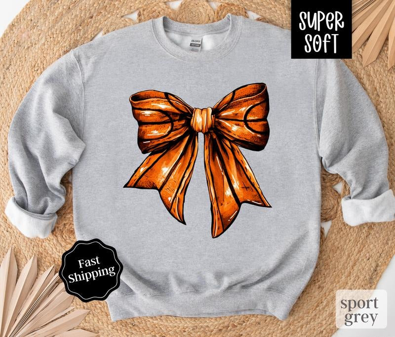 Basketball Bow Sweatshirt, Game Day Basketball Crewneck, Womens Sweatshirt, Fall Sweater T-Shirts, Hoodie | HypeDripTees.com