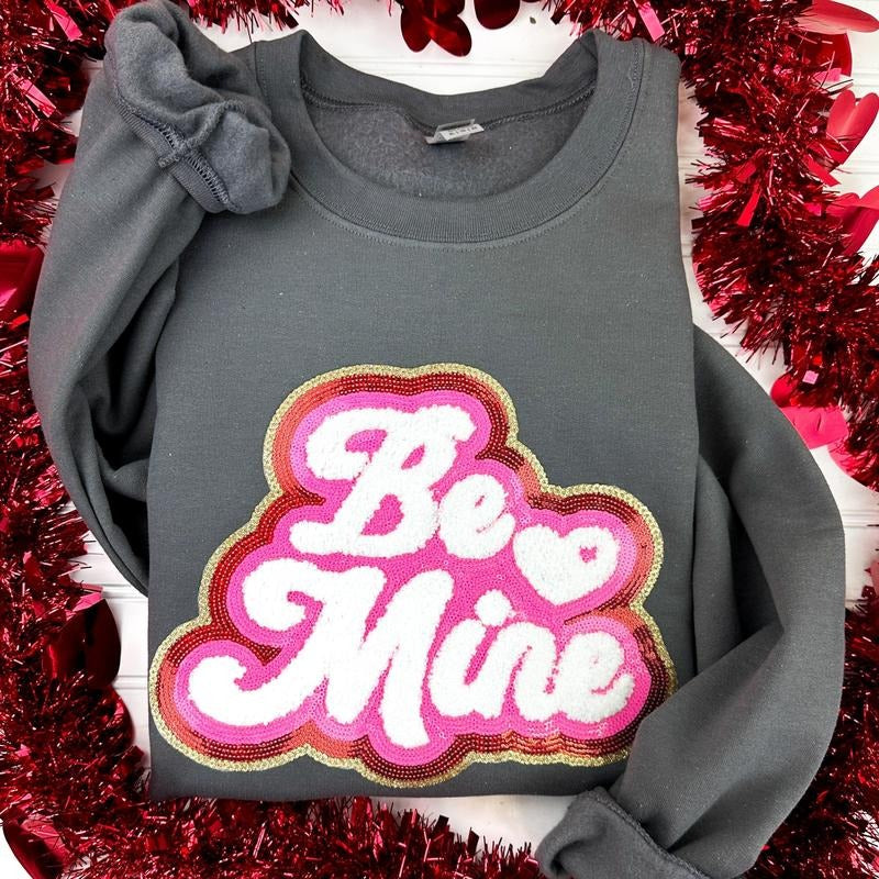 Be Mine Chenille + Sequin Patch Sweatshirt -- CHARCOAL T-Shirts, Hoodie | HypeDripTees.com