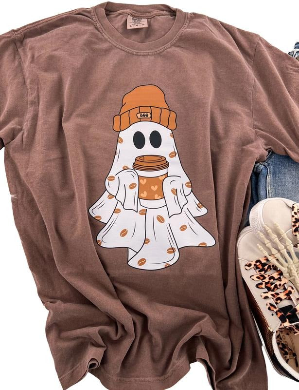 Beanie Ghost Coffee Halloween Short Sleeve Graphic Tee Unisex with sleeve print T-Shirt Womenswear Crewneck Casual Tshirt...