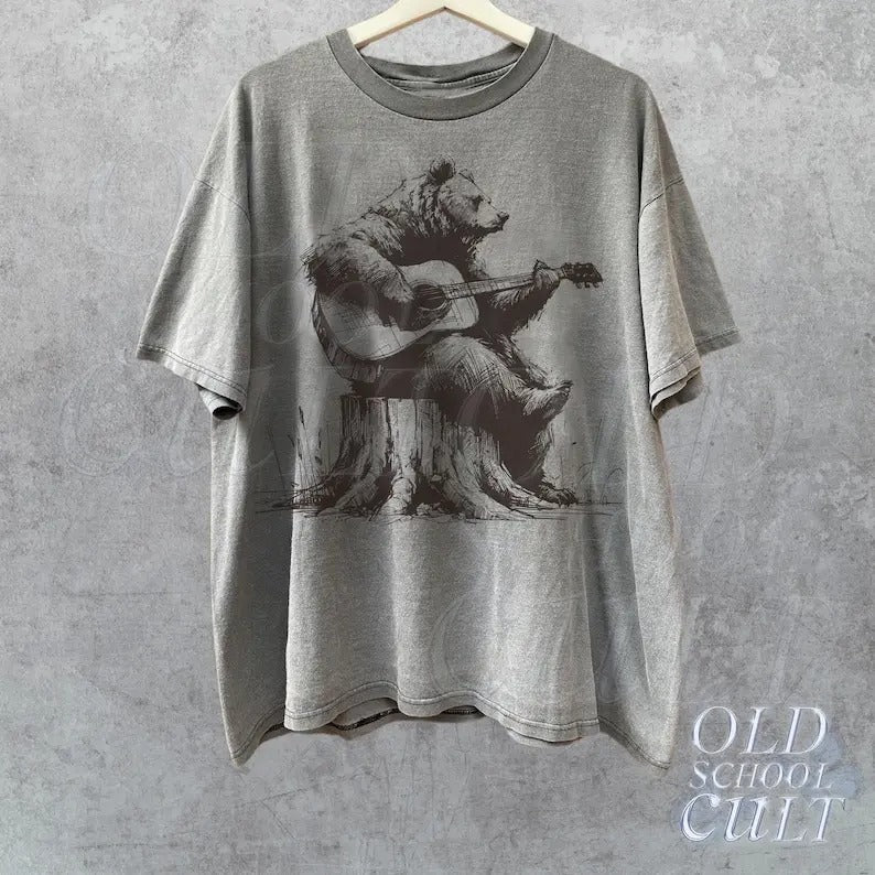 Bear Playing Guitar Retro Shirt, Vintage Funny Animal Shirt, Music Shirt, Bear Lovers Gift, Mens Oversized Cotton...