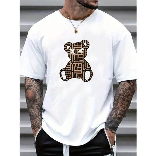 Bear Print Short Sleeve T-Shirt - Comfortable Short Sleeves for Warm Weather, Relaxed Fit for Everyday Wear, Trendy Design for a Stylish Look - Perfect for Spring and Summer Outdoor Activities, Designed Specifically for Men Made in USA