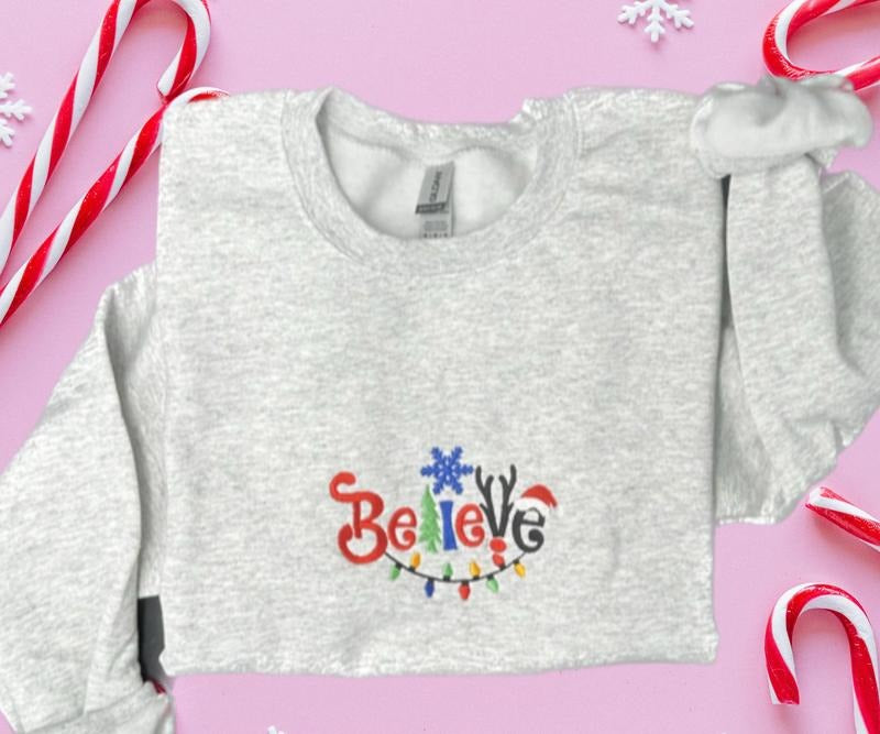 Believe Christmas embroidered Crewneck Sweatshirt T-Shirts, Hoodie | HypeDripTees.com