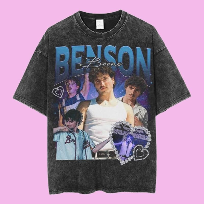 Benson Boone Heart Collage Graphic Tee, Retro Blue Fan Art Shirt, Emotional Pop Star Aesthetic, Unisex Menswear...