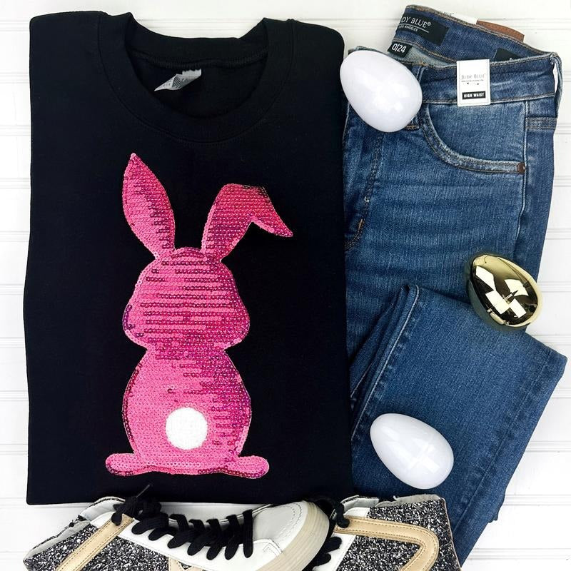 Berry Bunny Sequin Patch Sweatshirt -- BLACK T-Shirts, Hoodie | HypeDripTees.com