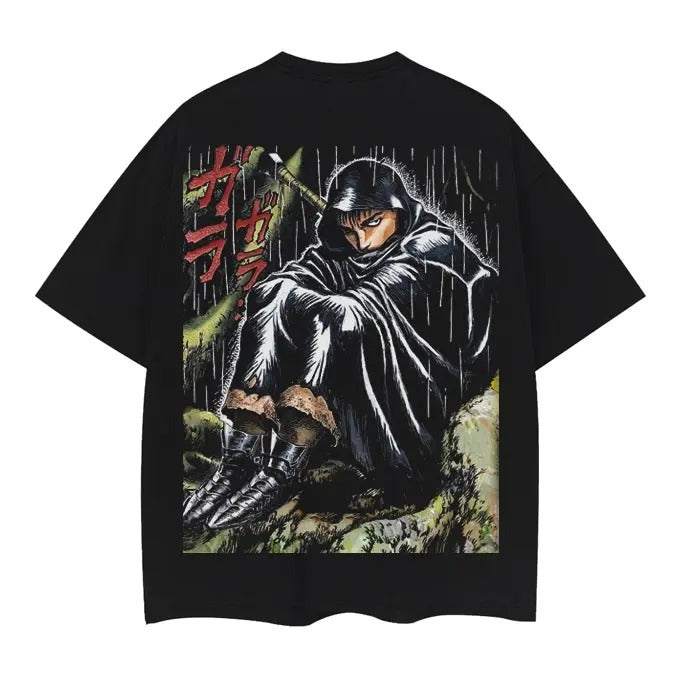 Berserk "Cloaked Guts" Heavyweight Vintage Tee 100% Cotton Oversized Anime T-shirt Original Design with DTG Printing Menswear Top Casual Streetwear Black Baggy Crewneck Crew Necks Tshirt Tropical Shortsleeve Loose