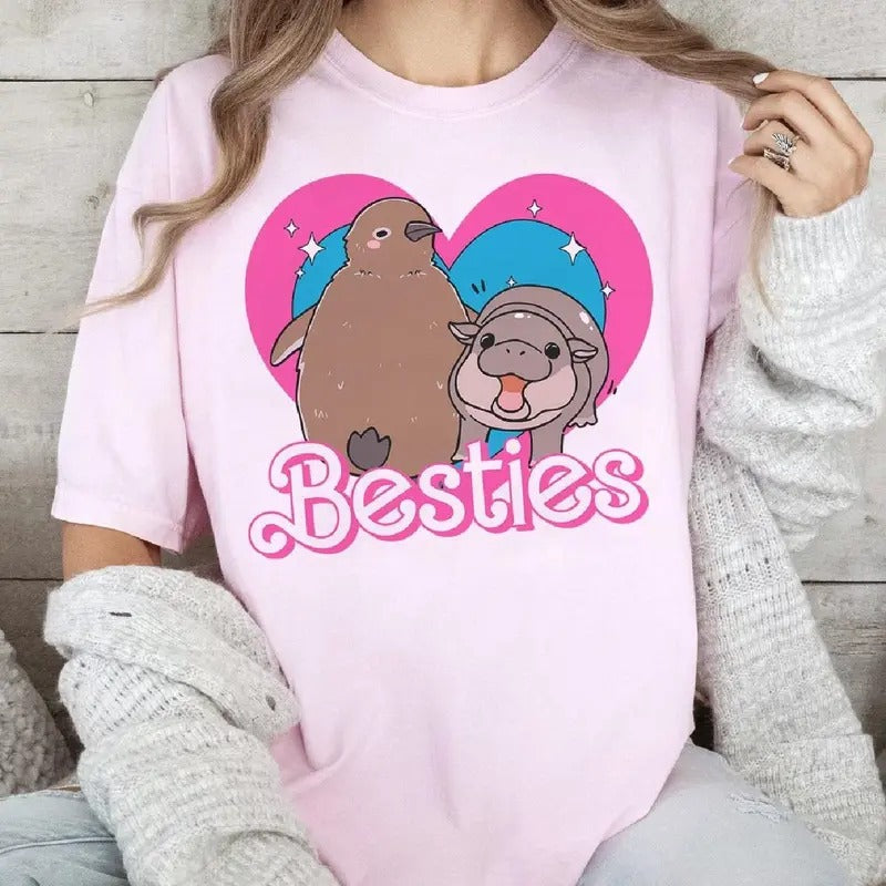 Best Friends Hippo And Penguin Shirt, Moo Deng And Pesto Friendship Shirt, Hippo Shirt, Hippo Cute T-Shirt, Vintage...