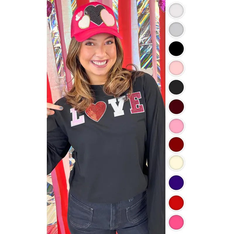 Big Heart Love Sequin Valentine Graphic Long Sleeve T-Shirt Hoodie, Sweatshirt | HypeDripTees.com