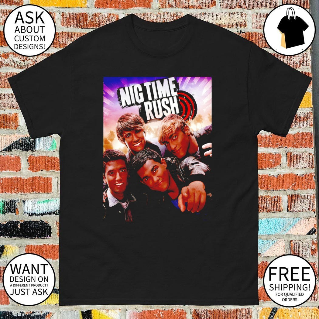Big Time Rush boy band cast members in promotional photo shirt