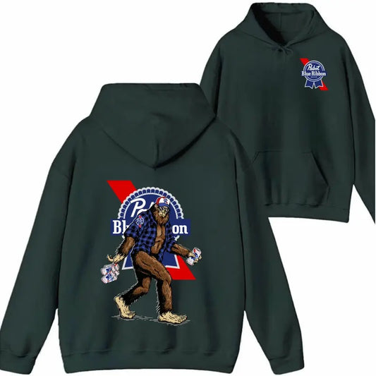 Bigfoot Pabst Blue Ribon 2 Sided Hoodie Sweatshirt T shirt, Bigfoot Beer Hoodie, Gif For Him, Printed Cotton Long Sleeve Hoodie - Fabric, Classic