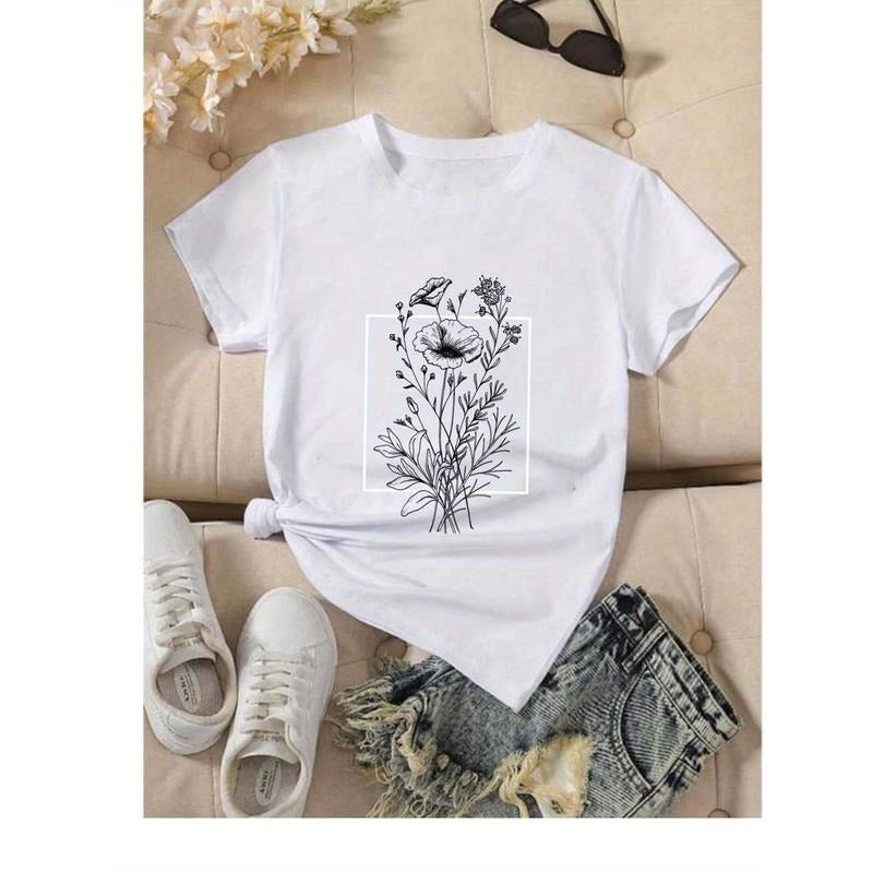 Black And White Floral Illustration Women'S Casual Loose Round Neck Short Sleeved T-Shirt, Summer Fashionable Top Hoodie,...