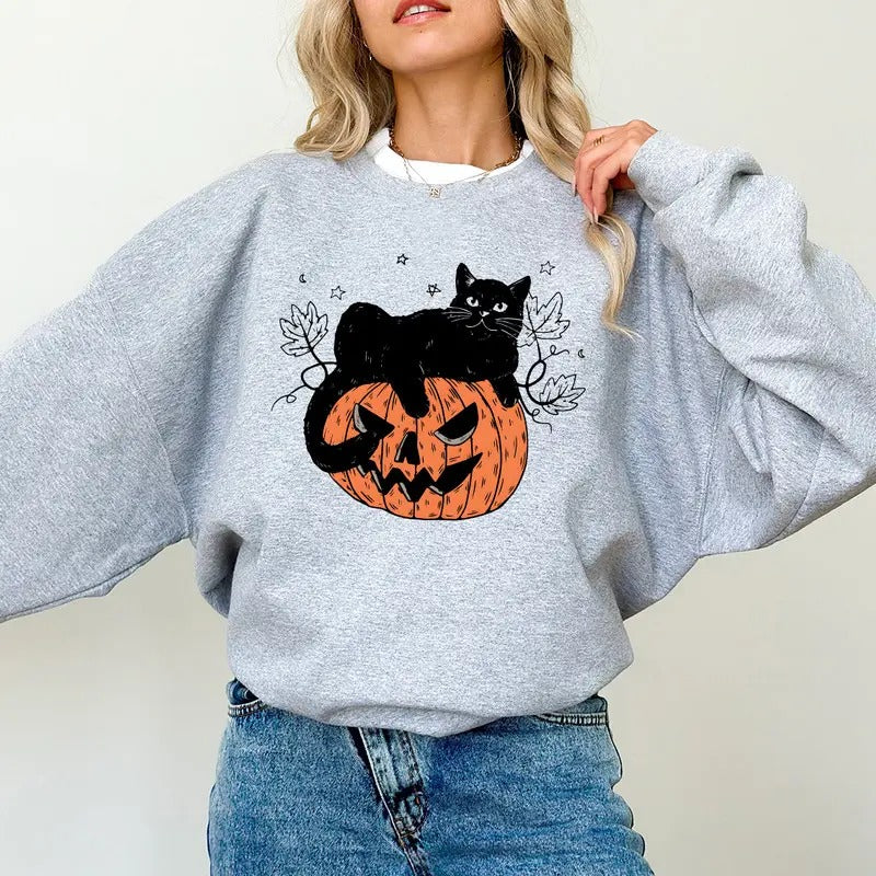 Black Cat Halloween Sweatshirt, Black Cat Pumpkin Sweater, Halloween Black Cat Tee Shirt, Halloween Shirt, Pumpkin Cat...