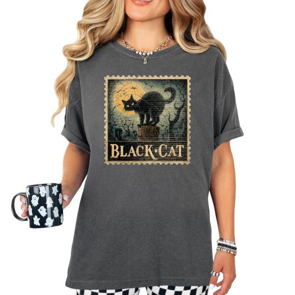 Black Cat Stamp Traditional Halloween Comfort Color Pepper TShirt | Punk, Alt, Grunge, Goth, Skeleton Style |  Graphic...