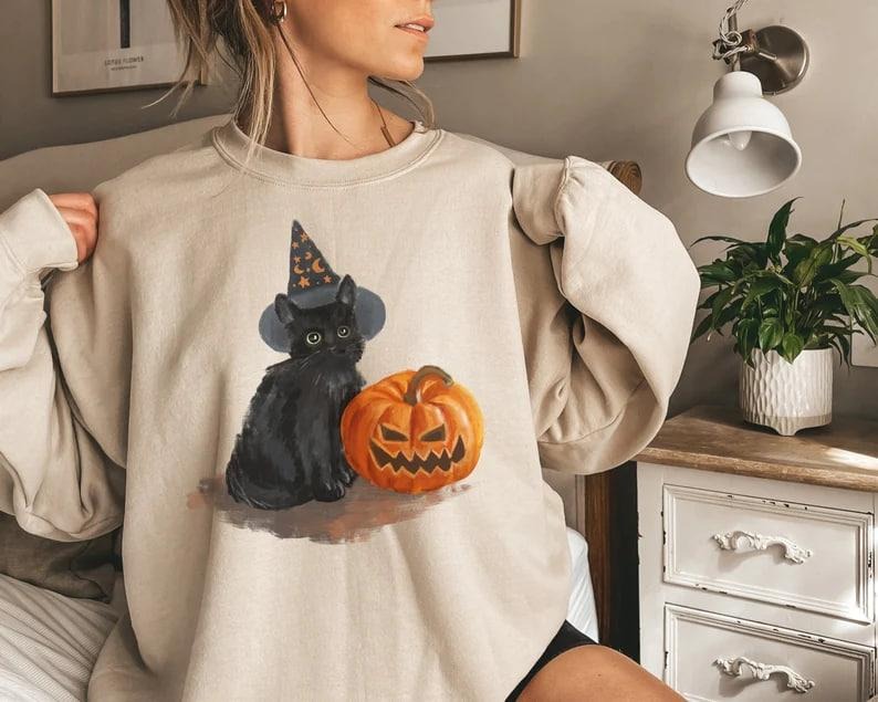 Black Cat on Pumpkin Sweatshirt, Sweater for fall, Black Cat Sweater, Halloween Black Cat Design, Halloween Gifts for Cat...