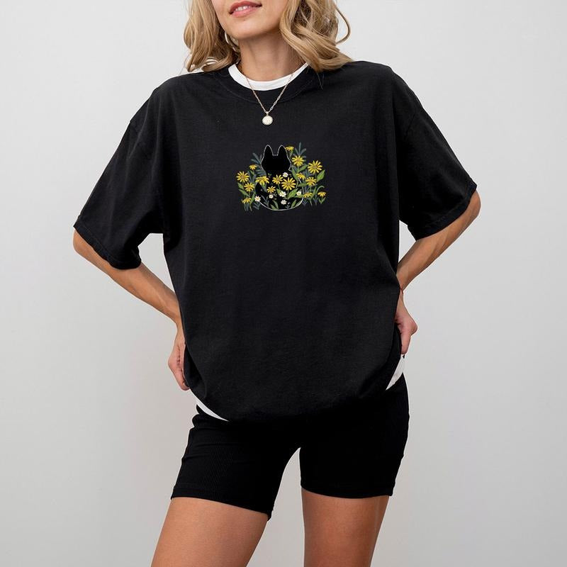 Black Cat with Wildflower Shirt, Cute Black Cat Tshirt, Wildflower Tee for Her, Gift for Cat Lover, Gift for Cat Mom...