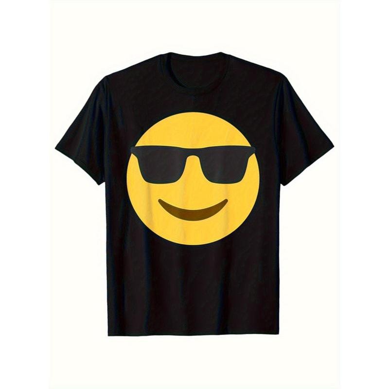 Black Cotton T-Shirt with Vibrant Yellow joyful Face & Fashion Glasses Graphic - Casual Short Sleeve Crew Neck Tee,...
