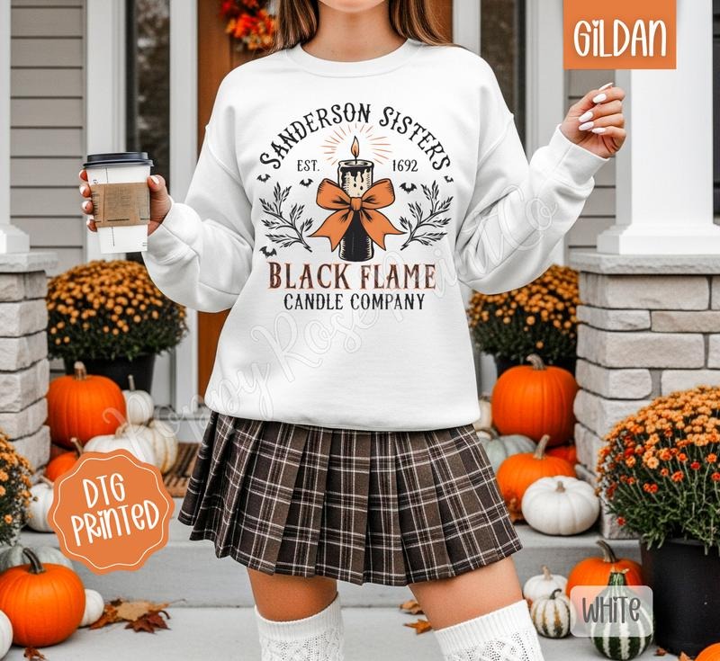 Black Flame Candle Sweatshirt, Trendy Women's Halloween Crewneck T-Shirts, Hoodie | HypeDripTees.com