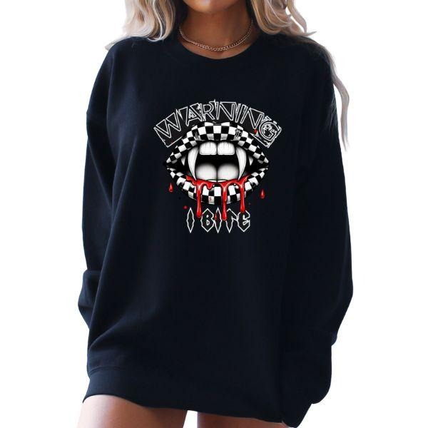 Black Long Sleeve Crewneck Sweatshirt with Checkered Pattern Lips and Vampire Teeth - "Warning I Bite" - Grunge,...