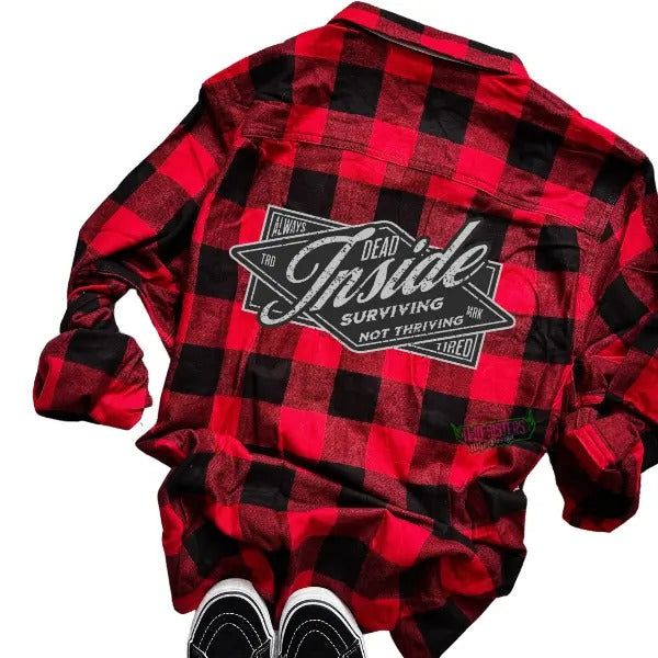 Dead Inside Red/Black Long Sleeve Flannel Shirt | Made to Order | Vintage-Inspired Retro 'Surviving Not Thriving' Cozy...