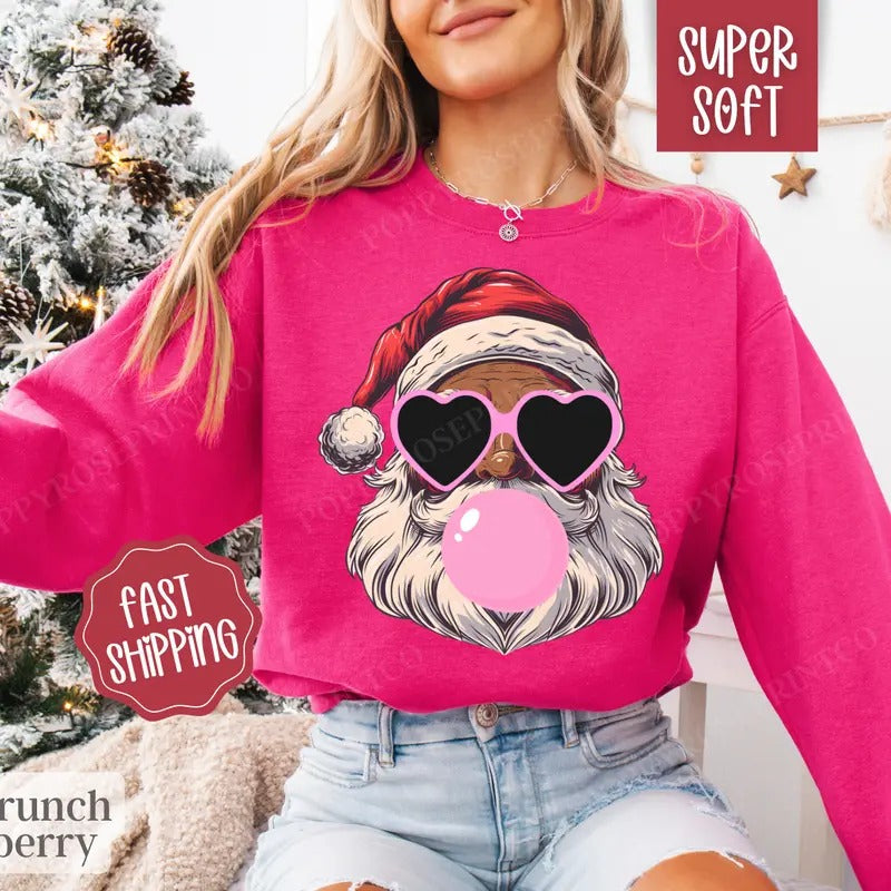 Black Santa Bubble Sweatshirt, Merry Christmas Sweater, Women's Holiday Crewneck funny santa T-Shirts, Hoodie