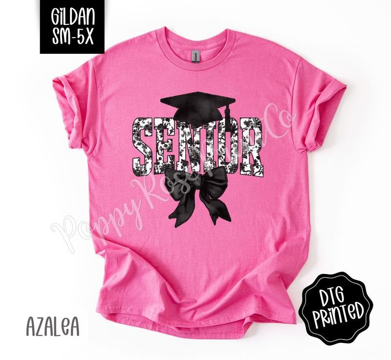 Black Senior Bow Gildan Shirt, Graduation Tshirt, Cute Coquette Tee, Gift for Her Hoodie, Sweatshirt | HypeDripTees.com