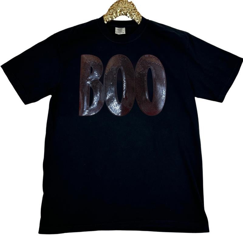 Black Sequin Boo Patch Comfort Colors T-Shirt Hoodie, Sweatshirt | HypeDripTees.com