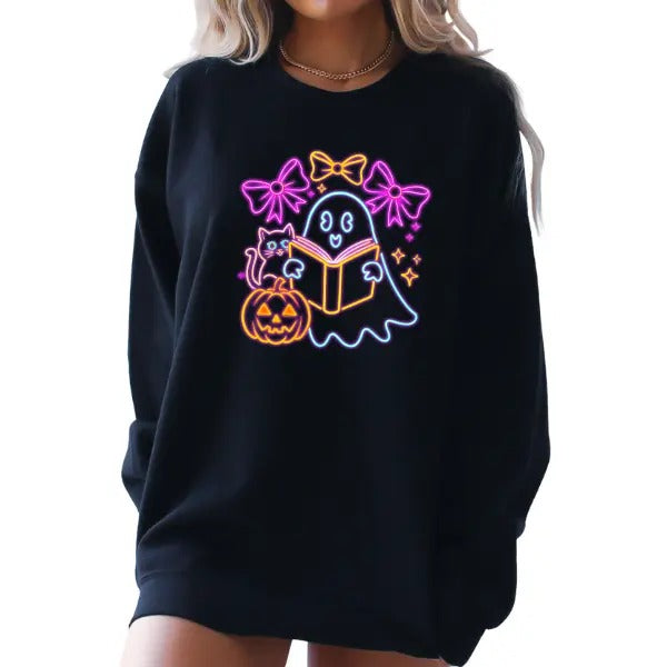 Black Sweatshirt with Fall Ghost Reading a Book & Pumpkins - Neon 90s Vibe Colors | Coquette Style for Cooler Weather |...