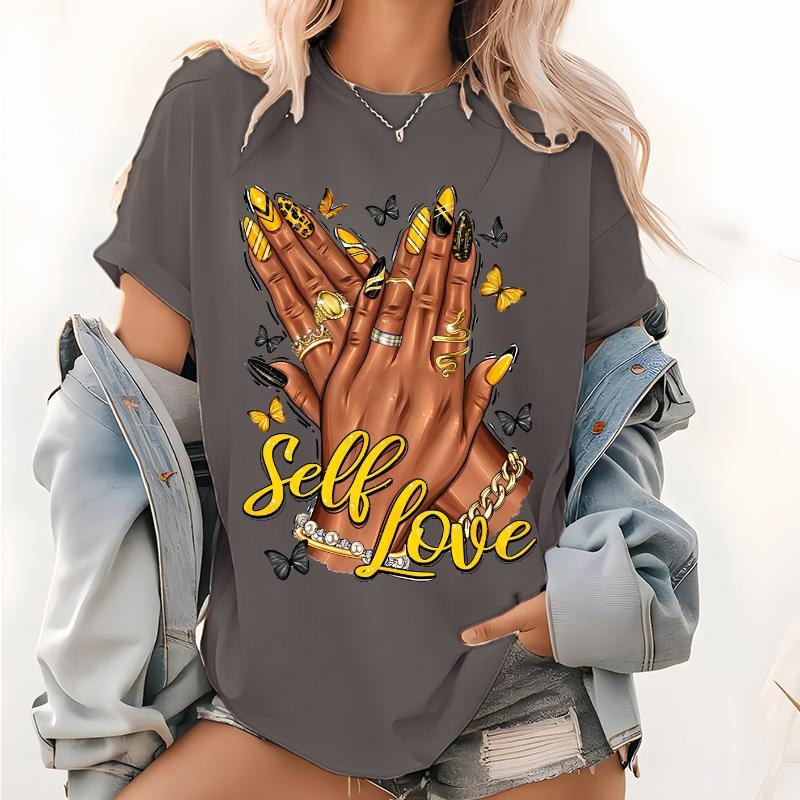 Black WomEn Self Love Nails Print T Shirt, Self Love Yellow And Black Nails Tops,Afro Woman Hands Graphic Shirt Hoodie,...