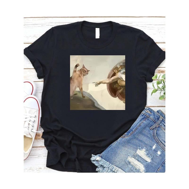 Black Women's Cotton T - Shirt: "The Creation of Cat" Art Parody Print style 02 Hoodie, Sweatshirt | HypeDripTees.com