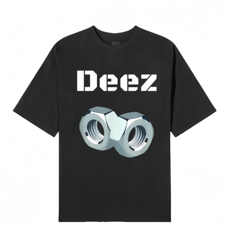 Black trendy T-shirt "Deez" with three-dimensional nut print, functional loose short-sleeved unisex style Round Neck...