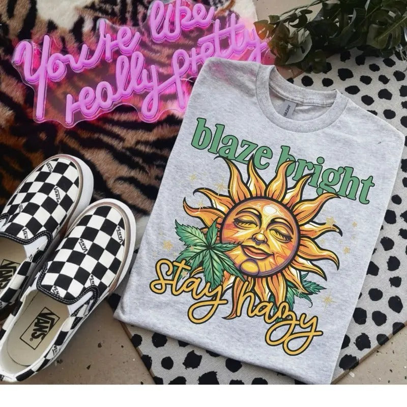 Blaze Bright Stay Happy  - Bleached Shirt - Gildan Hoodie, Sweatshirt | HypeDripTees.com