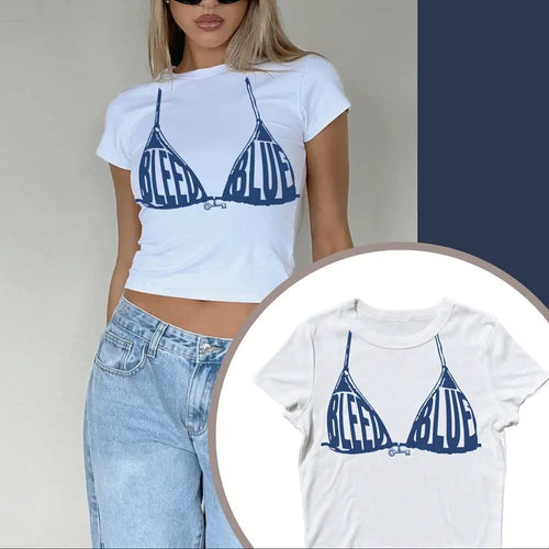 "Bleed Blue" Liberal Cropped Graphic Tees, Anti-Trump Liberal T-Shirt, Vintage Letter Print Casual Tee, Funny Women's...
