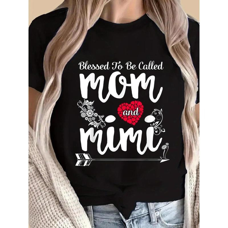 Blessed to Be Called Mom and Mimi - Women's Casual Graphic T-Shirt, Short Sleeve Top with Heart & Floral Design, Perfect...