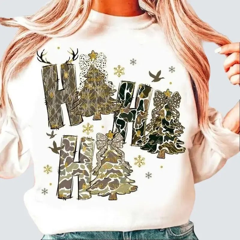 Blink Ho Ho Ho Camo Christmas Tree Crewneck Sweatshirt, Coquette Camo Christmas Tree, Dalmatian Dots Coquette Brushstroke...