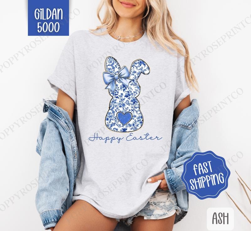 Blue Chinoiserie Bunny Shirt Gildan, Cute EasterTee, Trendy Bunny Women's Tshirt Plus Sizes, Gift for Her Hoodie, Sweatshirt