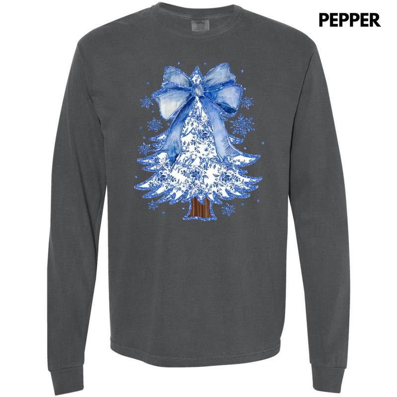 Blue Chinoiserie Christmas Tree Long Sleeve Comfort Colors T-Shirt 'NLB' Hoodie, Sweatshirt | HypeDripTees.com