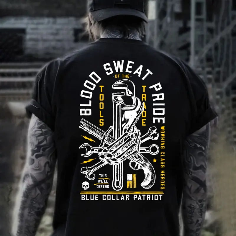 Blue Colar Patriot Blood Sweat Pride This We'll Defend Back Side Printed T-shirt - Crewneck Sweatshirt