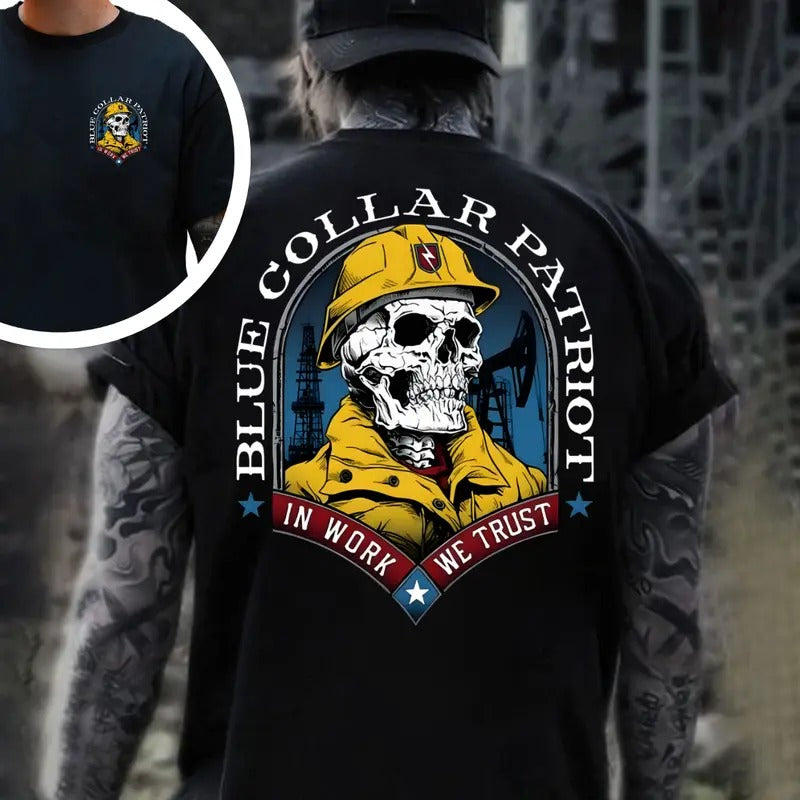 Blue Colar Patriot In Work We Trust Yellow Skeleton 2 Side Printed T-shirt - Crewneck Sweatshirt